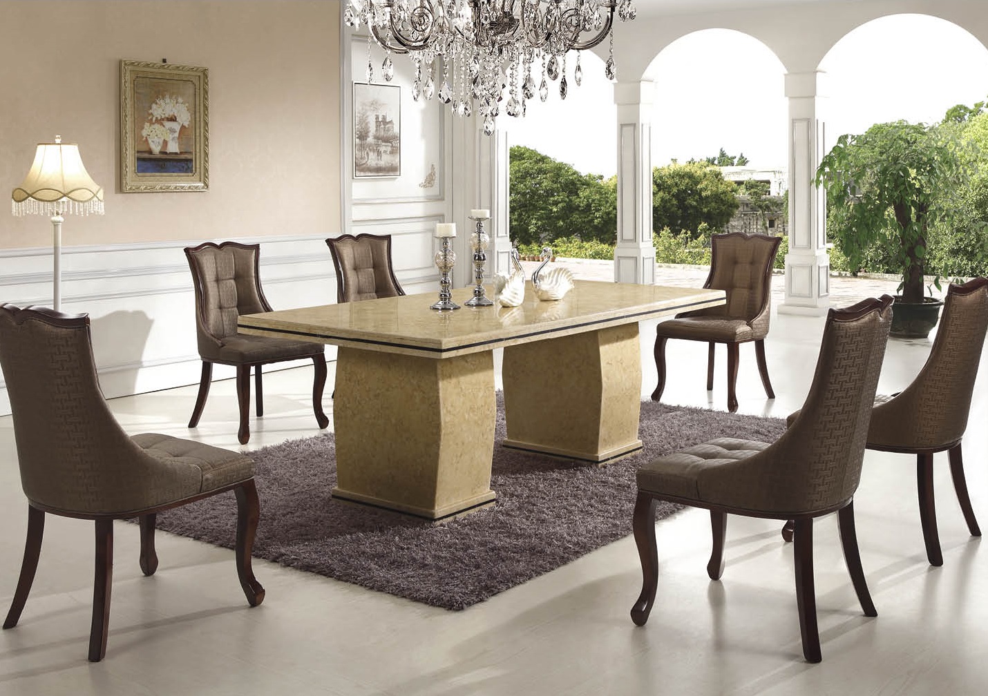 Catania Marble Dining Table with 8 Chairs | Brown Marble Dining Table